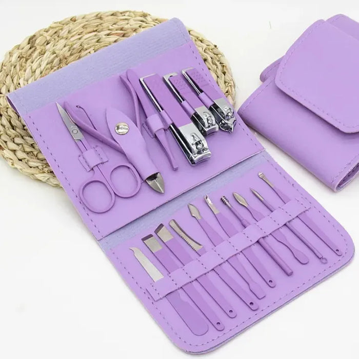 Nail Grooming Kit for Home & Salon Use16-Piece Stainless Steel Manicure and Pedicure Set.